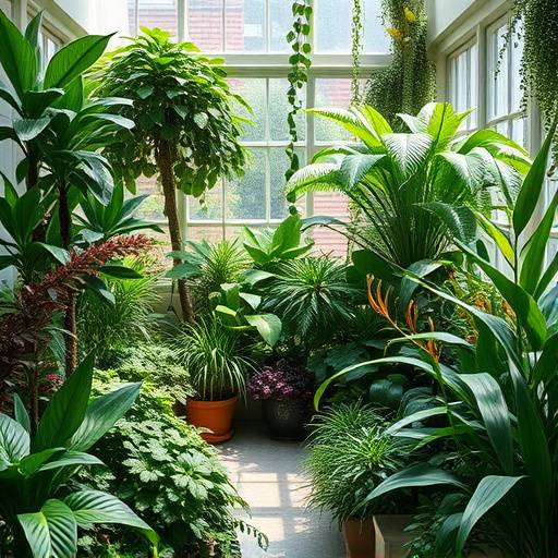 Jardim interno exuberante com diversas plantas